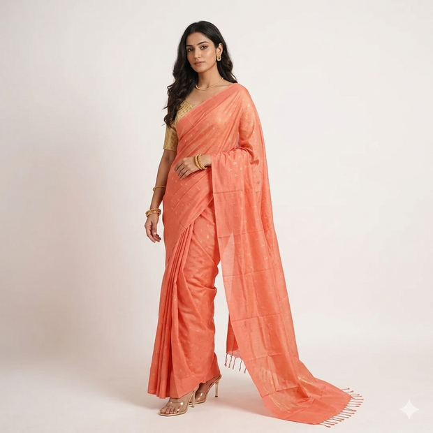 Dark Peach Golden Floral Silk Saree