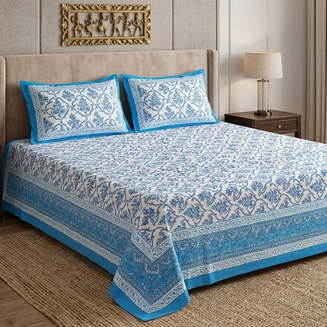 Sky Blue White Handblock Print Double Bedsheet