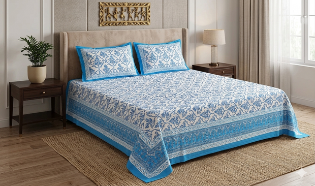 Sky Blue White Handblock Print Double Bedsheet