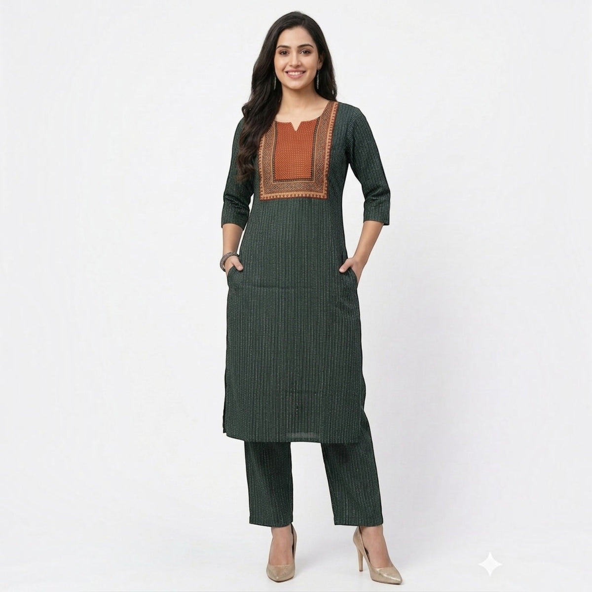 Green Stripe Cotton Kurta Set