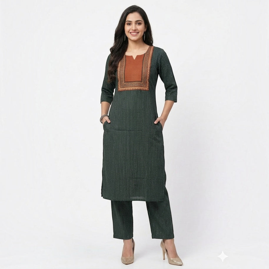 Green Stripe Cotton Kurta Set