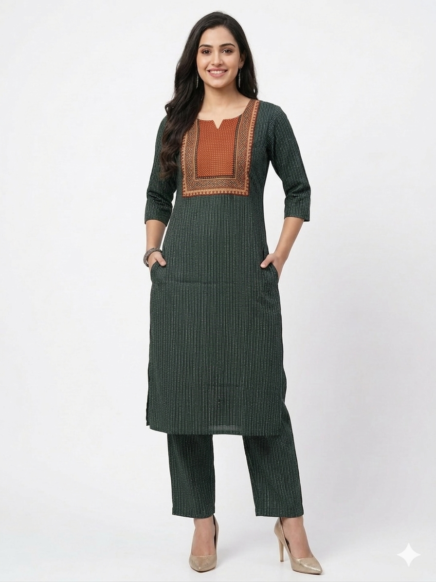 Green Stripe Cotton Kurta Set