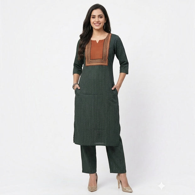 Green Stripe Cotton Kurta Set