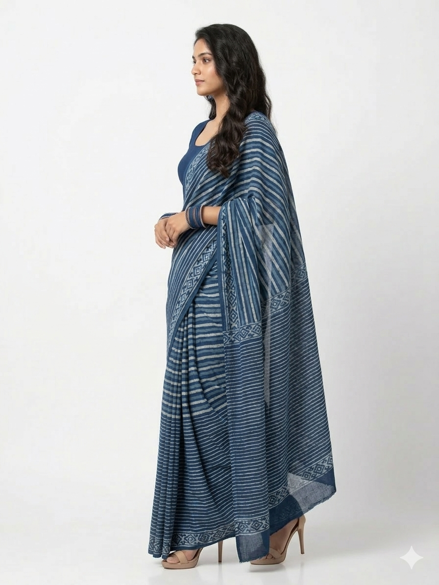 Blue White Stripe Handblock Print Cotton Saree