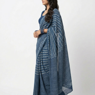 Blue White Stripe Handblock Print Cotton Saree