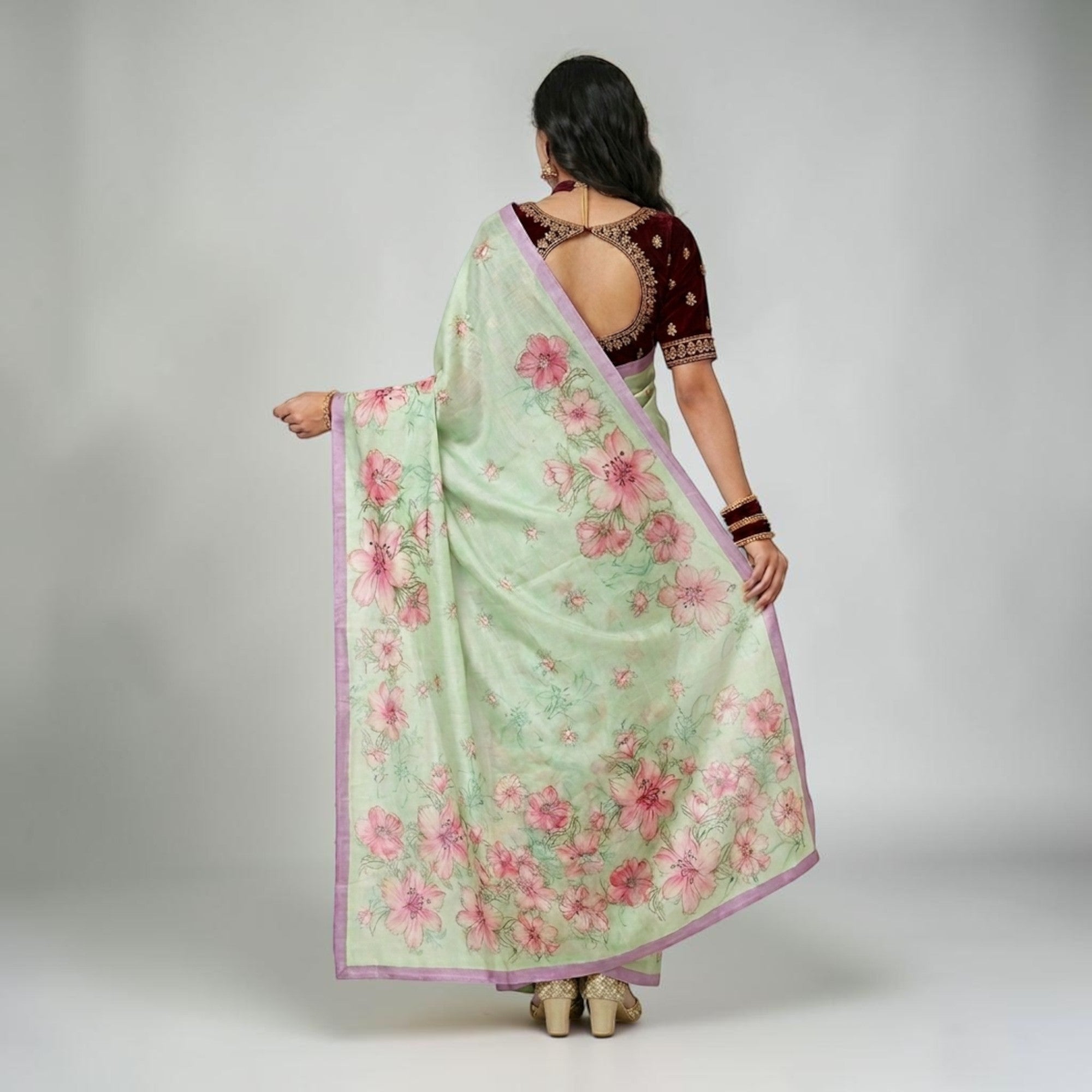 Green Tussar Floral Silk Saree