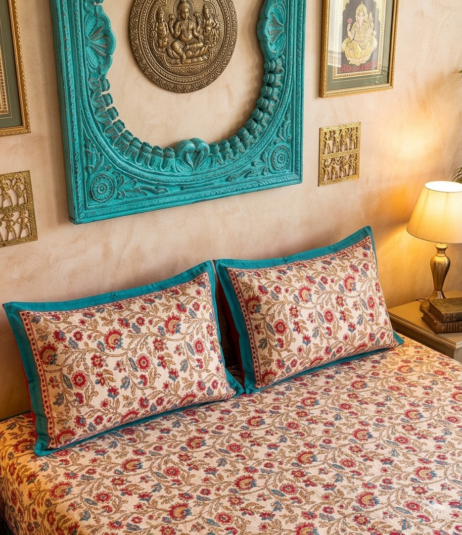 White Musturd Handblock Print Double Bedsheet