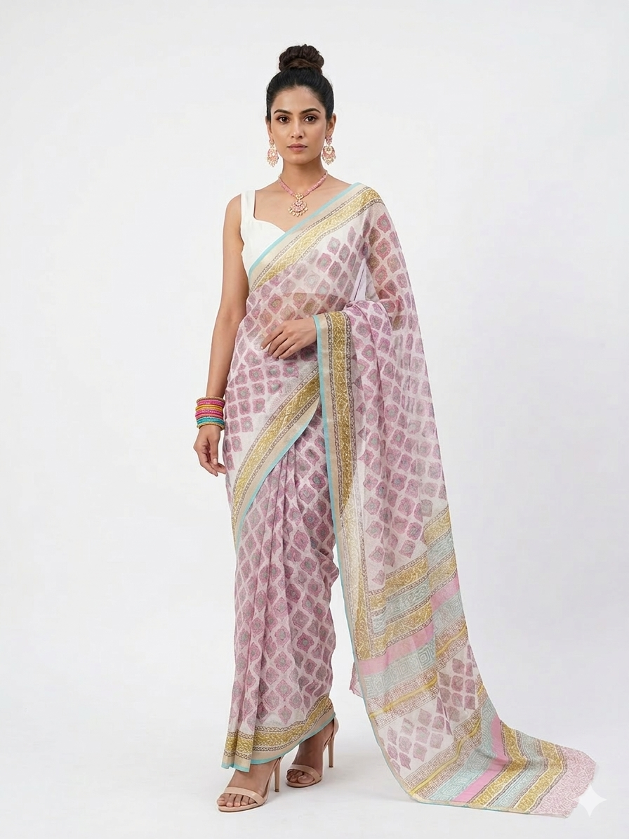 White Pink Floral Handblock Kota Cotton Saree