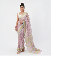 White Pink Floral Handblock Kota Cotton Saree