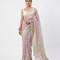 White Pink Floral Handblock Kota Cotton Saree