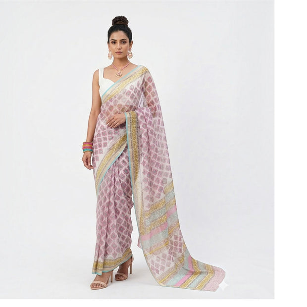 White Pink Floral Handblock Kota Cotton Saree