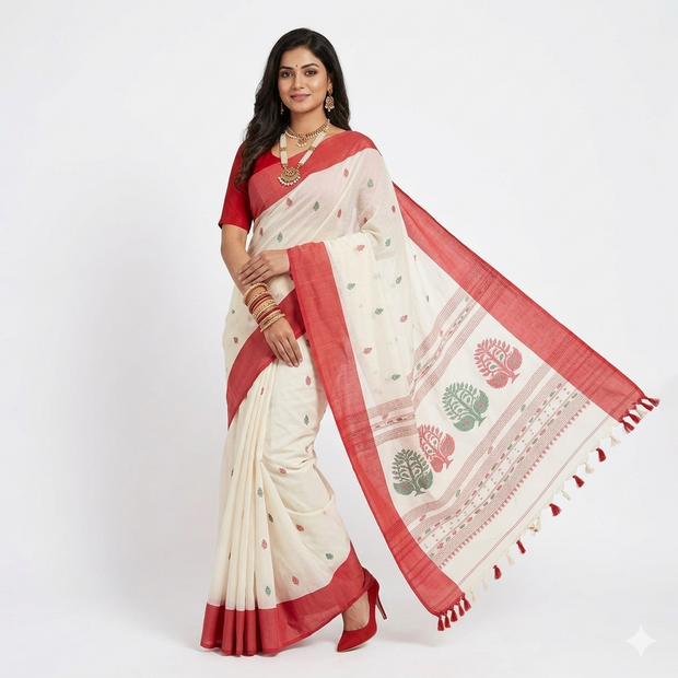 Offwhite Red Floral Cotton Saree
