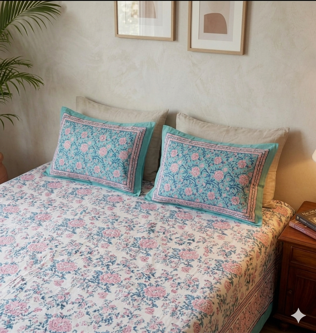 White Pink Handblock Print Double Bedsheet