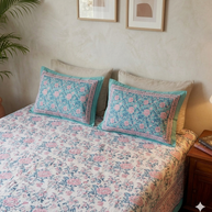 White Pink Handblock Print Double Bedsheet