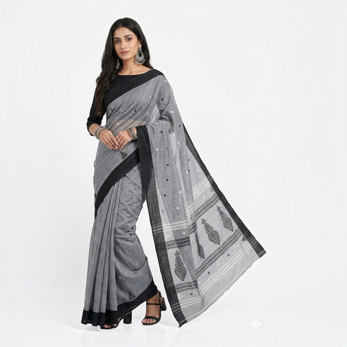 Grey Black Work Cotton Saree