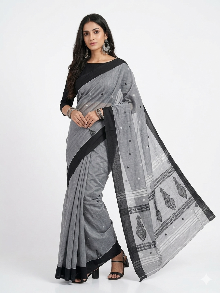 Grey Black Work Cotton Saree