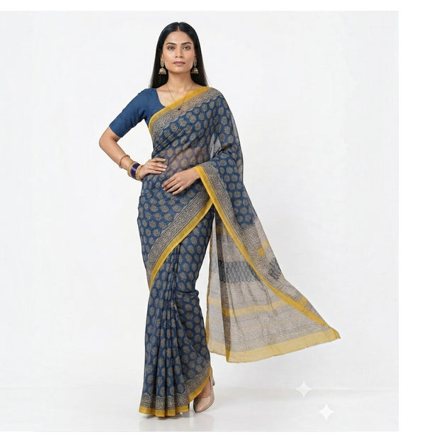 Dark Blue Lotus Handblock Kota Cotton Saree