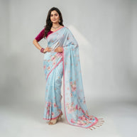 Blue Tussar Floral Silk Saree