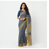 Blue Offwhite Handblock Kota Cotton Saree