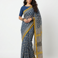Dark Blue Lotus Handblock Kota Cotton Saree