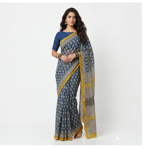 Blue Offwhite Handblock Kota Cotton Saree