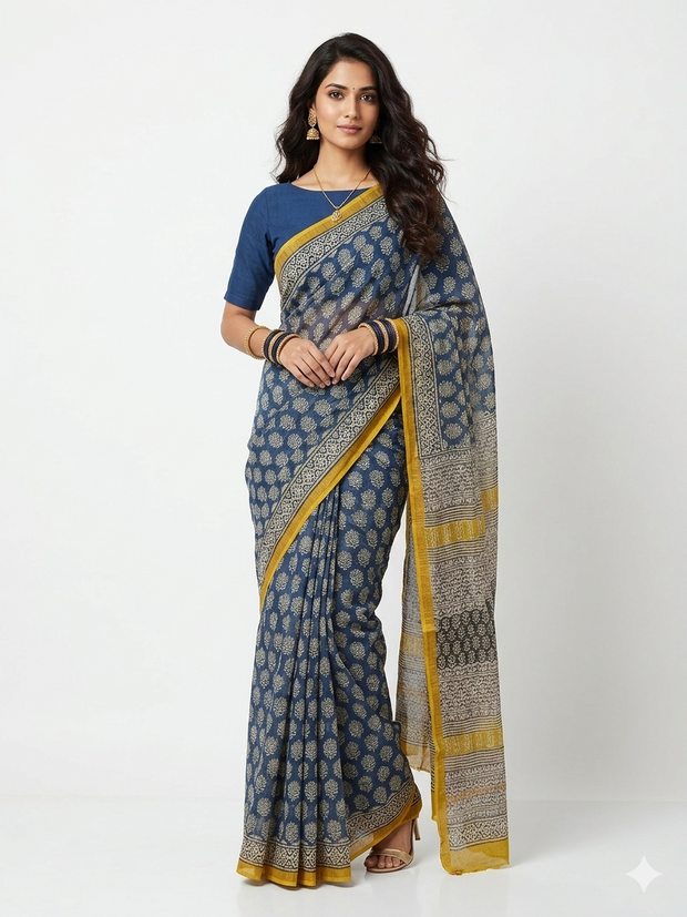 Dark Blue Lotus Handblock Kota Cotton Saree