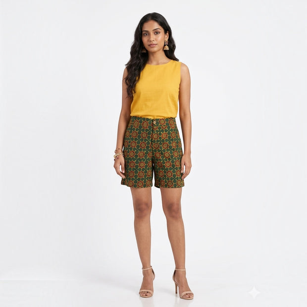 Green Ajrakh Handblock Cotton Shorts
