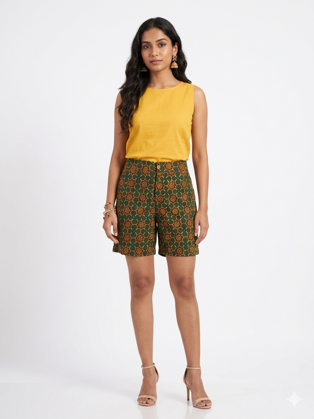 Green Ajrakh Handblock Cotton Shorts