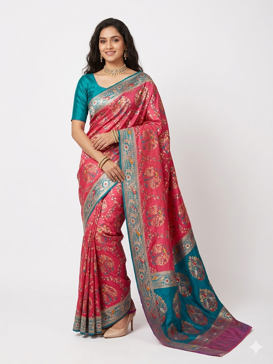 Pink Green Zari Work Silk Saree
