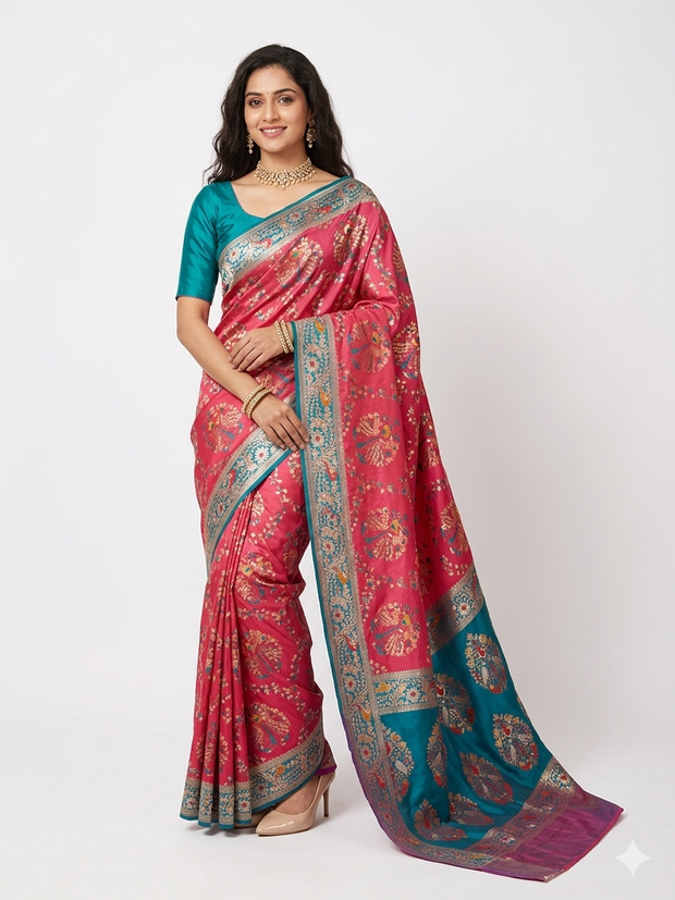 Pink Green Zari Work Silk Saree