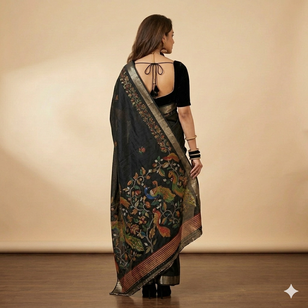 Black Multi Floral Silk Saree