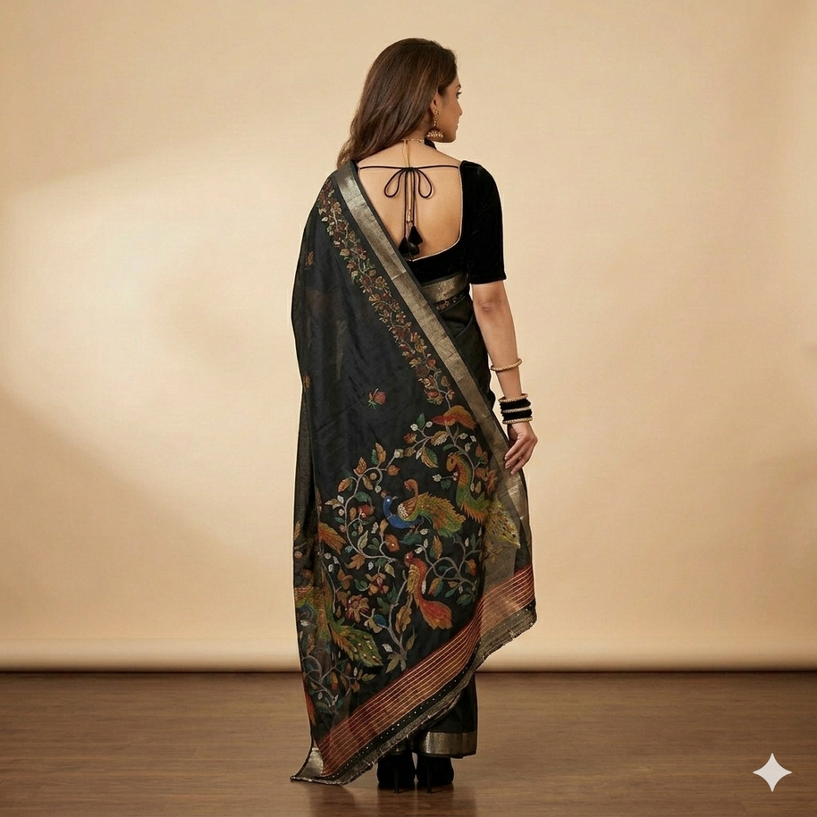 Black Multi Floral Silk Saree