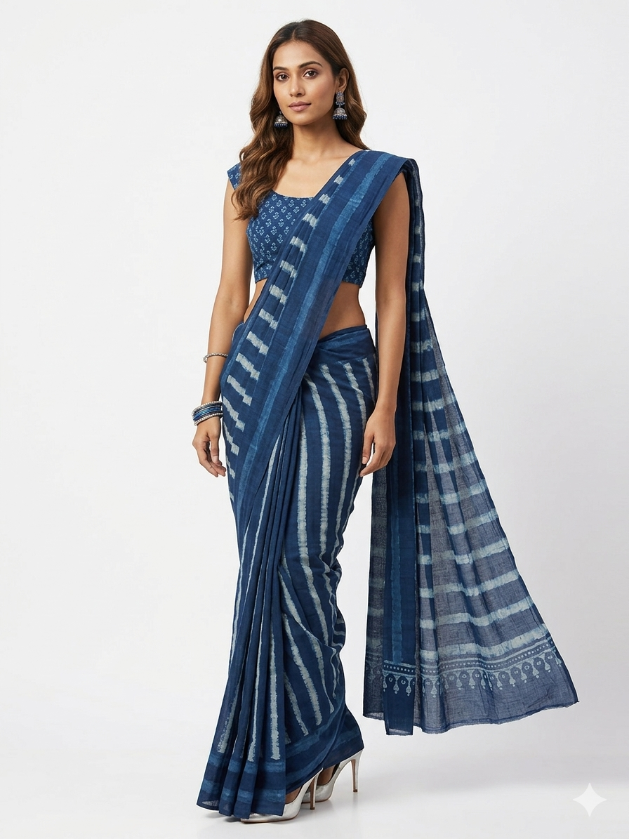 Indigo Stripe Handblock Print Cotton Saree