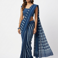 Indigo Stripe Handblock Print Cotton Saree