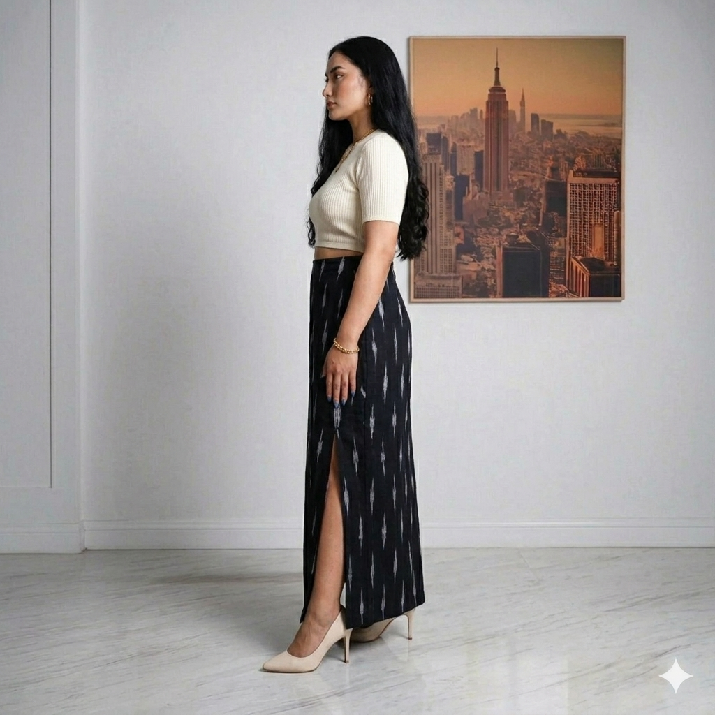 Black White Handwoven Cotton Ikat Long Skirt