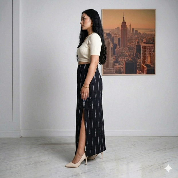 Black White Handwoven Cotton Ikat Long Skirt