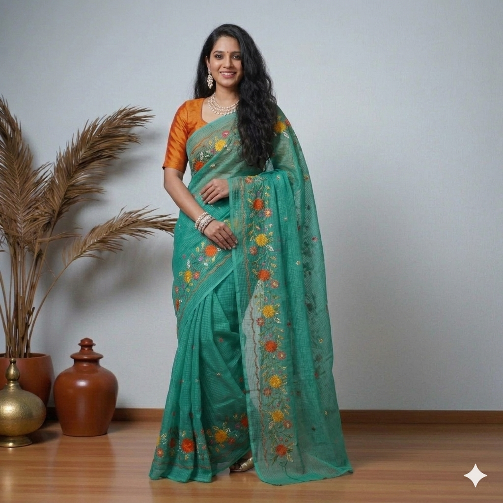 Green Pink Embroidery Kota Cotton Saree