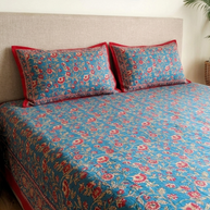 Royal Blue Maroon Handblock Print Double Bedsheet