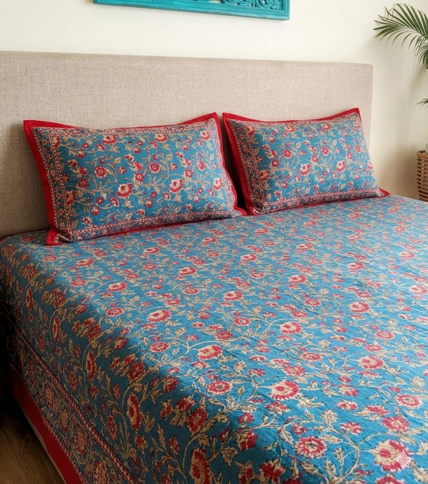 Royal Blue Maroon Handblock Print Double Bedsheet