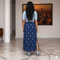 Blue White Handwoven Ikat Cotton Long Skirt