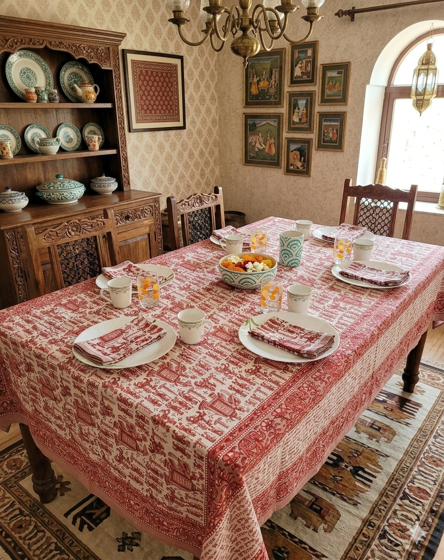 Handblock Print Cotton 6 Seater Rectangular Table Cover