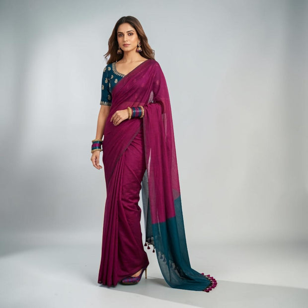 Purple Teal Handloom Cotton Saree