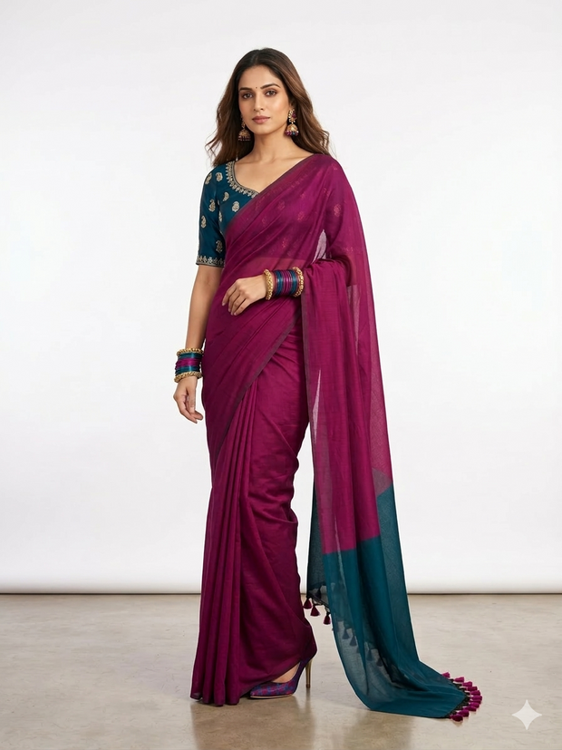 Purple Teal Handloom Cotton Saree