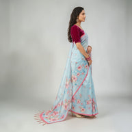 Blue Tussar Floral Silk Saree