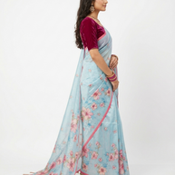 Blue Tussar Floral Silk Saree