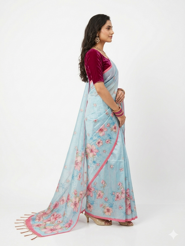 Blue Tussar Floral Silk Saree