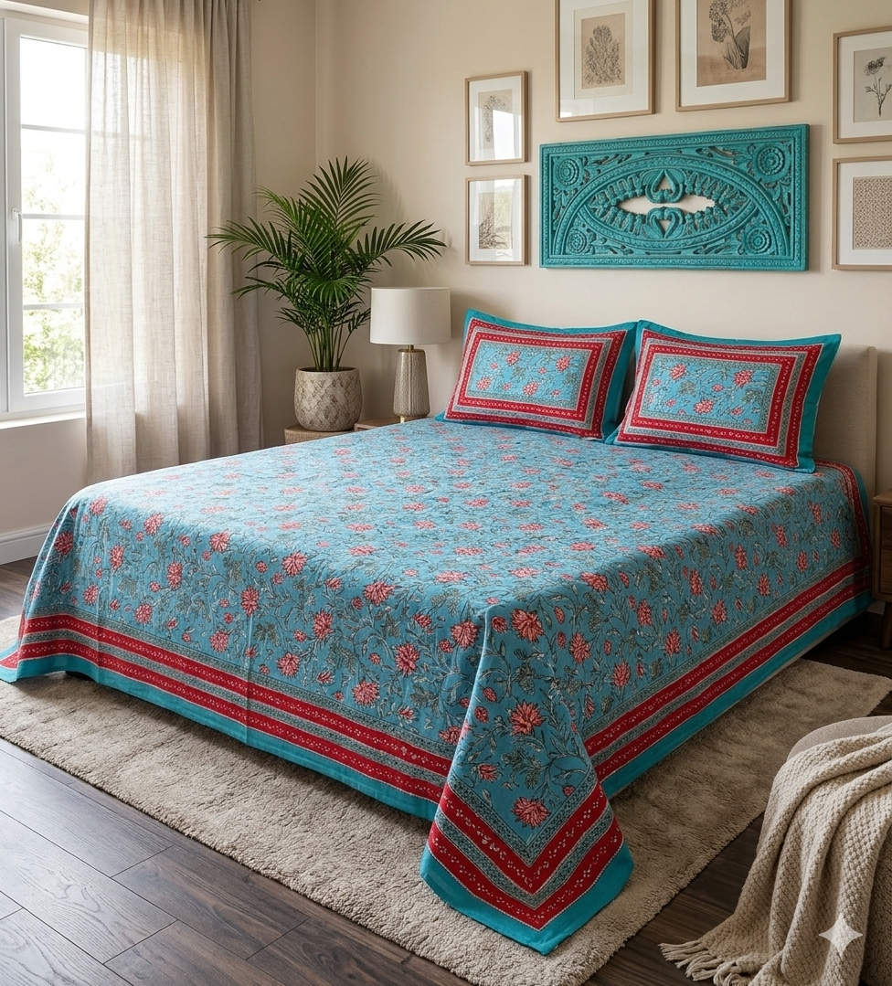 Sky Blue Red Handblock Print Double Bedsheet