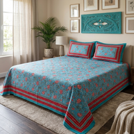 Sky Blue Red Handblock Print Double Bedsheet