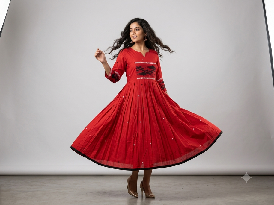Red Black Jamdani Cotton Dress