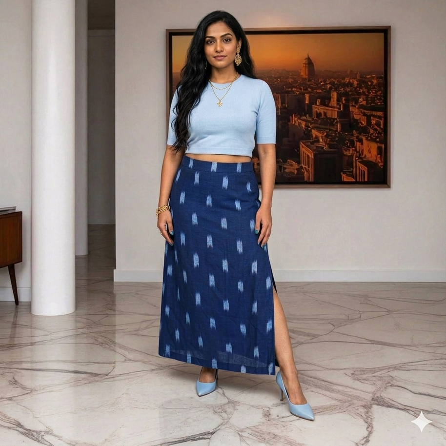 Blue White Handwoven Ikat Cotton Long Skirt